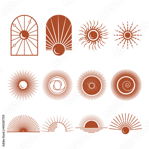 Bohemian logo. Sun logo design templates. Terracotta geometric abstract design elements. Sun, moon, star, arc, window design templates. 