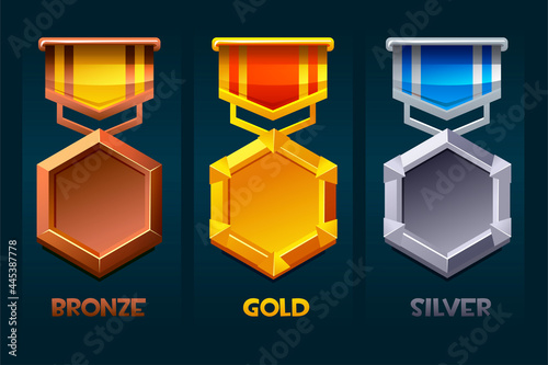 Level up badge reward icon gold, silver, bronze for ui games.