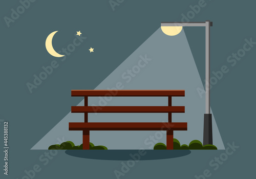 Wooden bench with glowing street lamp and moon star at public park garden in night time flat vector.