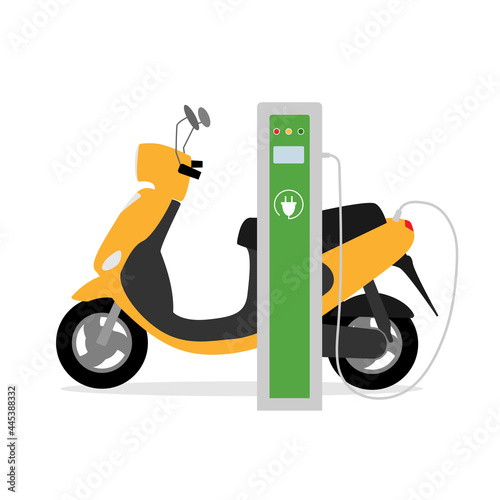 Yellow electric scooter charging. Moped in flat style. Two-wheeled automobile. Eco friendly urban vehicle. 