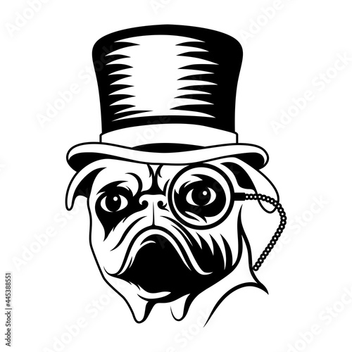 Pug dog in top hat black and white vector illustration