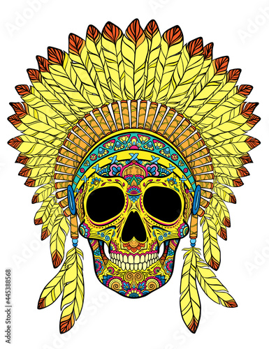Skull with ornaments and native indian war bonnet yellow and orange colors