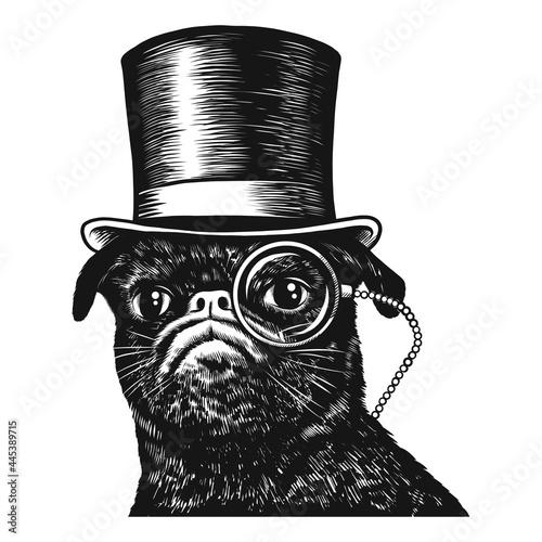 Pug dog in top hat black and white vector illustration