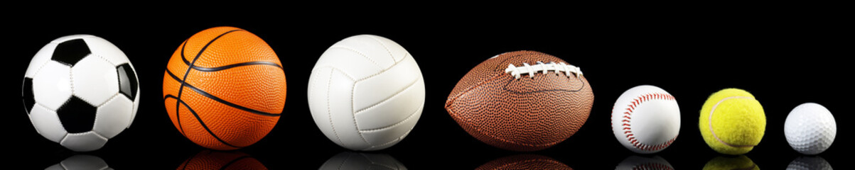 Various balls isolated on black background - Ball Sport Panorama