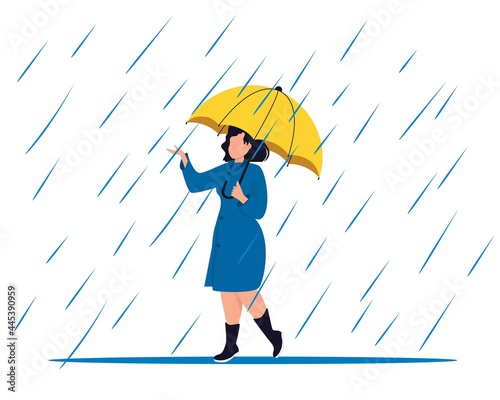 Woman with umbrella rain puddles enjoying autumn days. Woman in raincoat walking down the street. Girl umbralla walking under the rain.