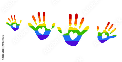 The icon of hands and hearts of various sizes and color tones of the spectrum, as the unity of all sexual minorities. LGBT for lesbian, gay, transgender and bisexual people.