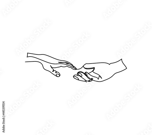 Creation of Adam one line art. Continuous line drawing of gesture, hand, Rescue, helping gesture.