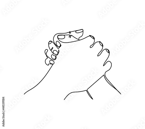 Arm wrestling one line art. Continuous line drawing of gesture, hand, strong handshake.