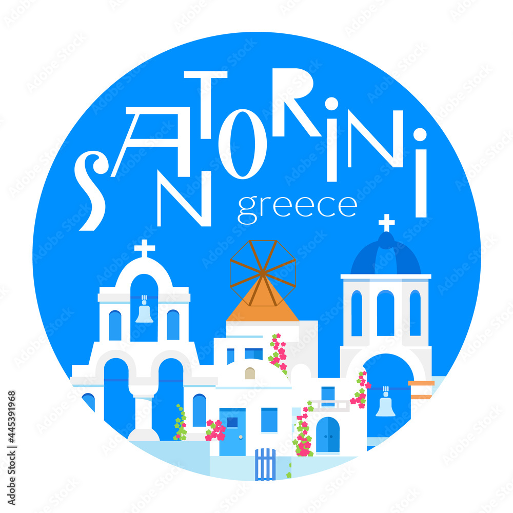 Santorini island, Greece. Beautiful traditional white architecture and Greek Orthodox churches with blue domes. Vector flat illustration. Round souvenir magnet.