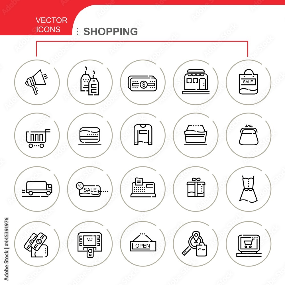 Shopping. Set of vector, linear, flat icons. The set contains icons such as shop, payment, discounts and others.
Shopping. Set of vector, linear, flat icons. The set contains icons such as shop, payment, discounts and others.