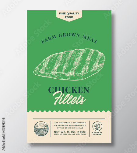 Farm Grown Meat Abstract Vector Packaging Design or Label. Modern Typography Banner, Hand Drawn Chicken Fillet Sketch Silhouette. Color Paper Background Layout. Isolated