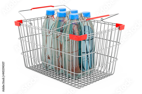 Shopping basket with package of water bottles. 3D rendering