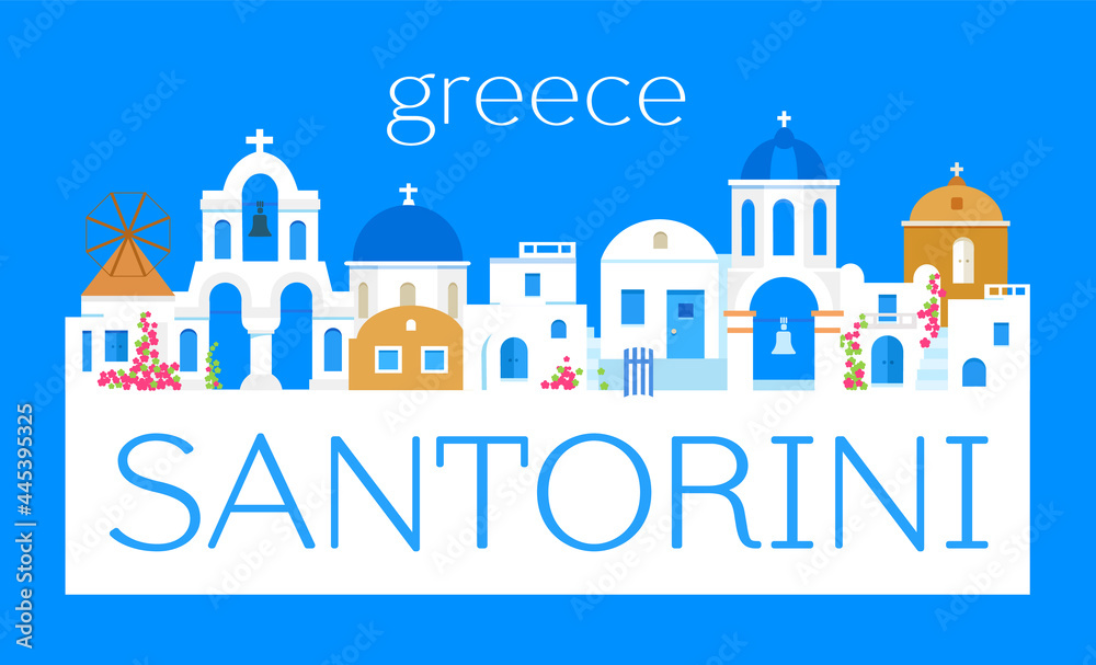 Santorini island, Greece. Rectangular logo. Traditional white architecture and Greek Orthodox churches with blue domes and a mill. Vector flat illustration.