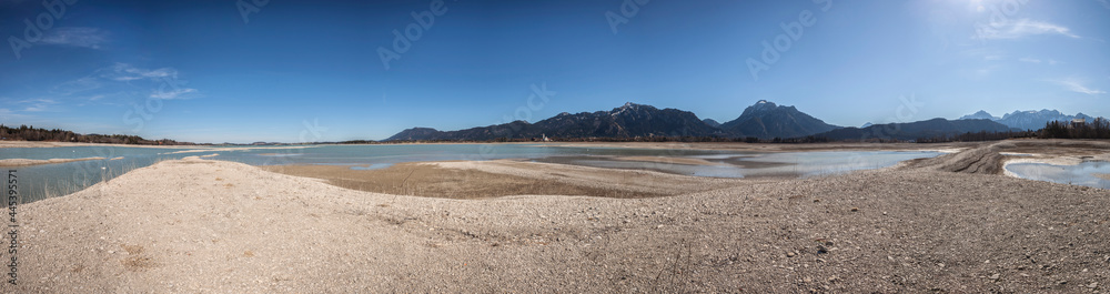 Panorama view of empty Forggensee lake near Fussen in Bavaria, Germany