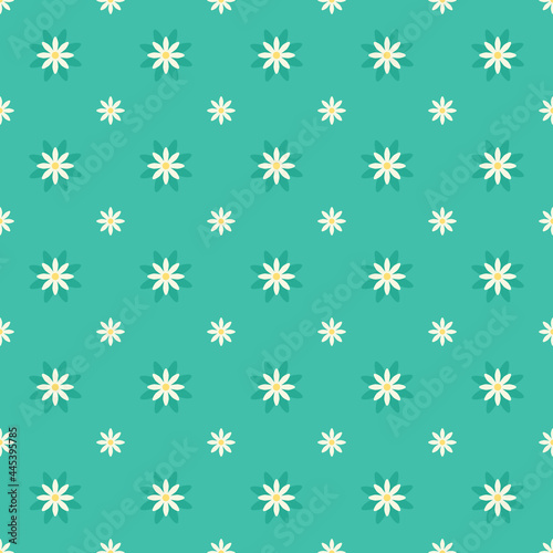 Seamless simple white flower on green background. Vector illustrator vintage color.