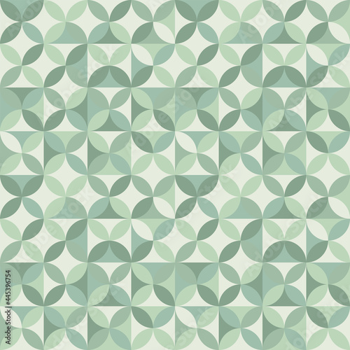 abstract geometric pattern in mid century style. modern design for fabric, surface, stationery. overlapping squares and circles, seamless pattern in shades of sage green