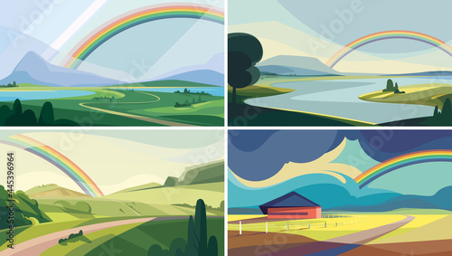 Collection of landscapes with rainbow. Beautiful natural sceneries.