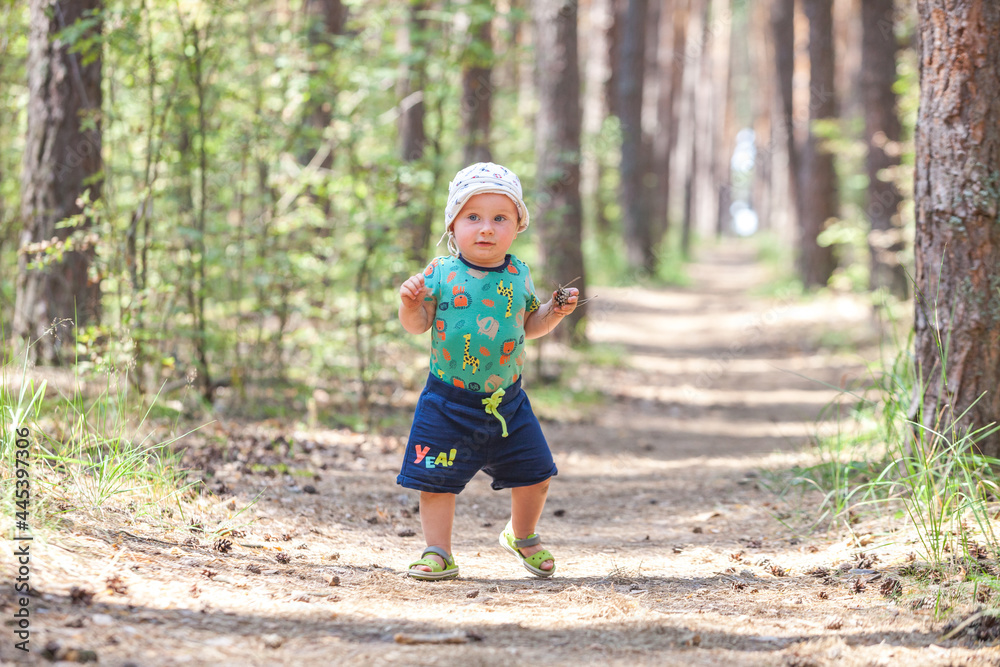 The first steps. Toddler walks in forest The first steps. Toddler walks in forest