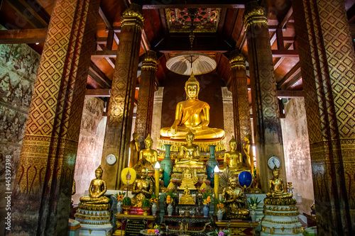Photography Wat Yai Suwannaram temple with green emerald buddha in Phetchaburi, Thailand