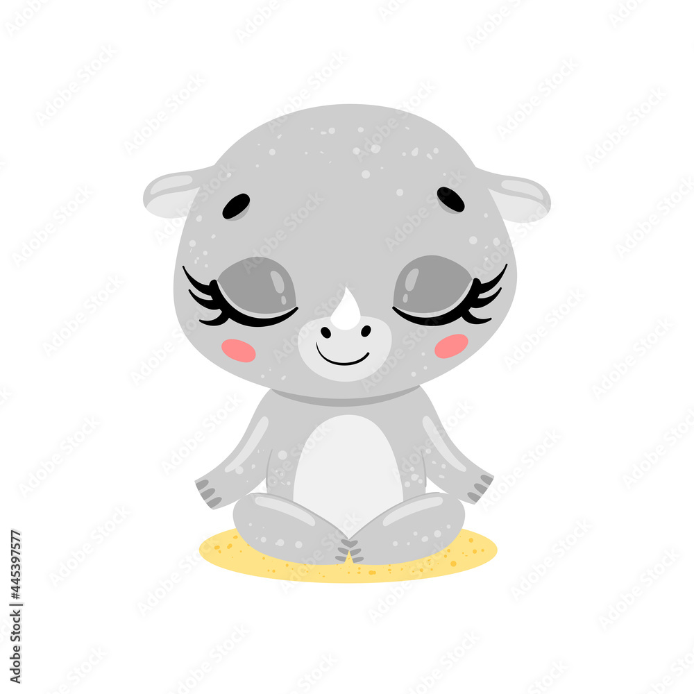 Fototapeta premium Vector flat cute cartoon doodle rhino meditation. Tropical jungle safari animals meditate. Animals yoga