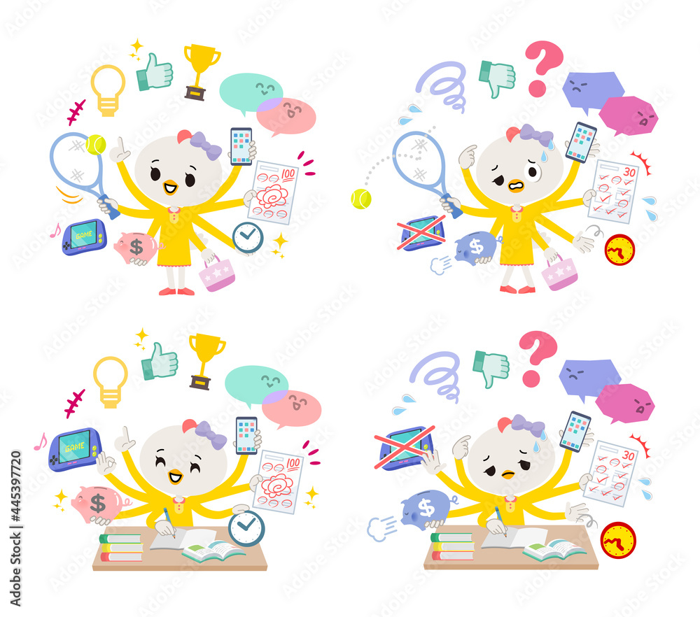 マルチタスクをこなすトリの女の子のセット マルチタスクをこなすトリの女の子のセット