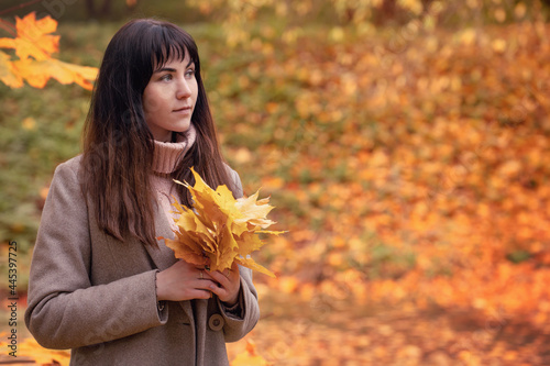 female autumn portrait  young woman in the autumn forest with a bouquet of fallen maple leaves  autumn mood  a walk in the fall season in the park
