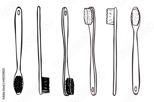 Set of bamboo toothbrushes black outline isolated on white background.