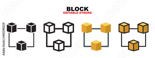 Block icon set with different styles. Icons designed in filled, outline, flat, glyph and line colored. Editable stroke and pixel perfect. Can be used for web, mobile, ui and more.