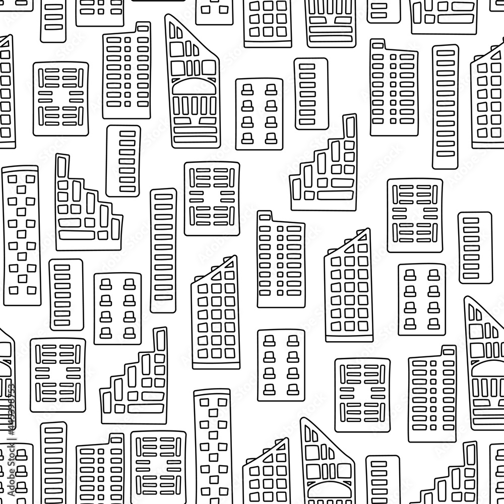 Buildings in town pattern. Urban abstract pattern. Seamless texture with city landscape, blocks and houses black line on white background. Repeat endless pattern, vector illustration, style flat