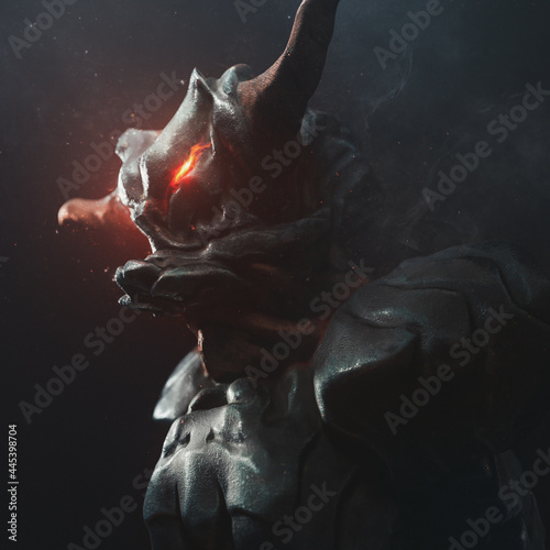 Принти на полотні Portrait of an angry alien monster with horns and glowing red eyes in medieval metal armor