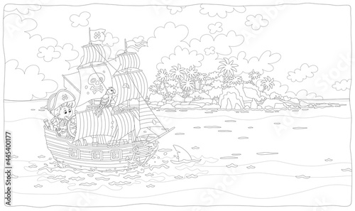 Little boy pirate steering a toy sea sailing ship with guns and a black flag of Jolly Roger with bones on a main mast  black and white outline vector cartoon illustration for a coloring book page