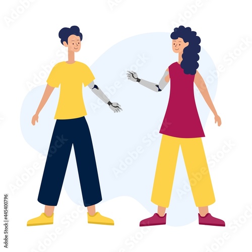 Vector illustration of people with disabilities in a cartoon style. A disabled person with a prosthetic arm. A prosthesis, a disabled person on a white background.