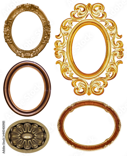 Set of golden frames for paintings, mirrors or photo isolated on white background