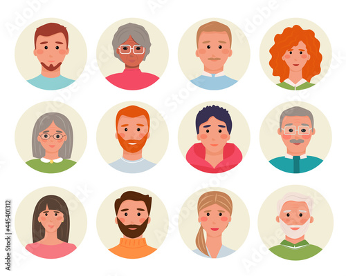 12 bright avatars of people. Characters of different races and ages. Men, women and transgender people. Universal design of forums, chat bots, support for online stores. Vector illustration, flat
