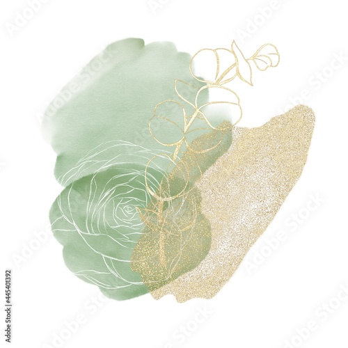 Abstract composition of watercolor spots of green color and a spot of sequins with a contour pattern of white roses and twigs of leaves with a golden contour