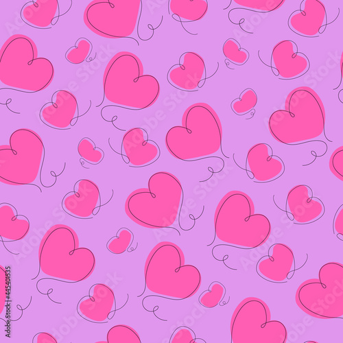 Vector seamless pattern with pink hearts drawn in a single line on a purple pastel background. Suitable for wrapping paper for gifts for Valentine's Day, wedding celebration, printing on fabrics.