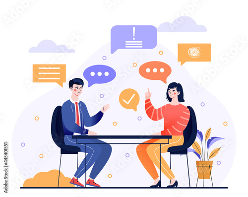 Talk conversation and speaking dialogue concept. A man and a woman are sitting at a table, discussing various issues and sharing their thoughts. Cartoon flat vector illustration on a white background