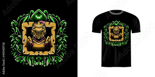 retro illustration guardian for tshirt design, badge design character with engraving ornament