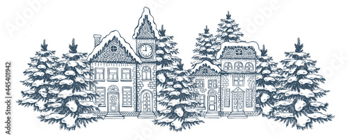 Illustration of houses. Christmas Greeting card. Set of hand drawn buildings.	
