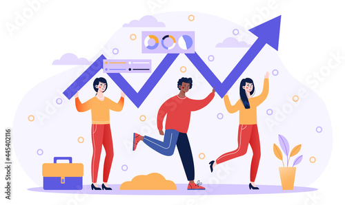 Progress development concept. Characters are holding an upward-pointing graph in their hands. Metaphor for improving labor productivity and increasing the number of sales. Flat vector illustration