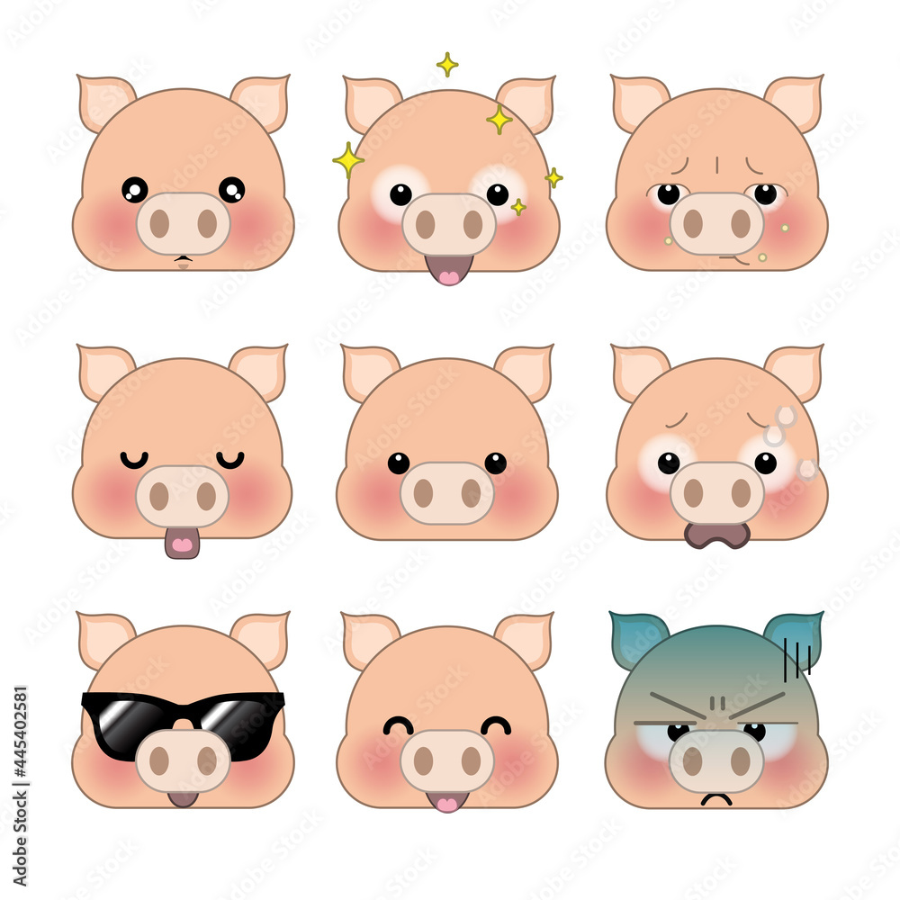 Set of cute cartoon piggy emoji set isolated on white background. Vector Illustration.