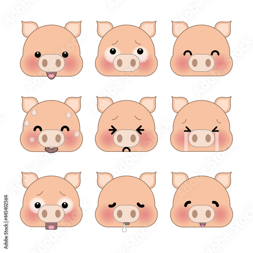 Set of cute cartoon piggy emoji set isolated on white background. Vector Illustration.