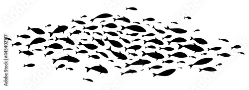 Black large flock of fish. School of fish. Vector illustration