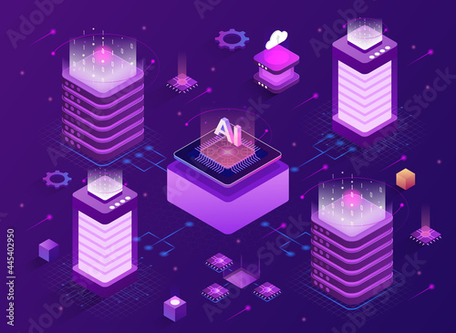 Network mainframe infrastructure concept. Site Data Processing Center. Hosting server. Communication between different blocks of the system. Modern isometric vector illustration on a purple background