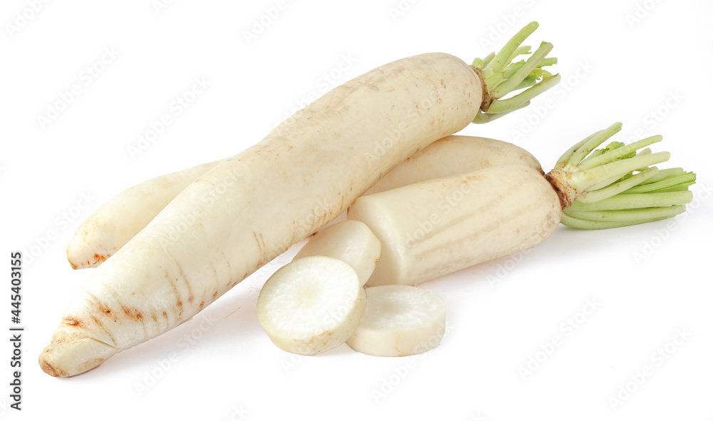 sliced white radish isolated on white background sliced white radish isolated on white background