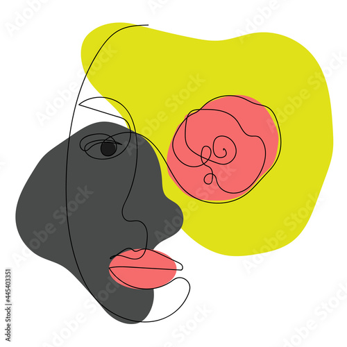 Vector illustration of a female face with a flower and abstract spots of gray, yellow and pink colors drawn in one continuous line. Suitable for advertising beauty salons, printing on clothes.