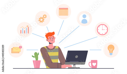 Multitasking concept. A person sits at a computer at the workplace and performs several tasks simultaneously. Icons of all cases. Cartoon modern flat vector illustration isolated on a white background