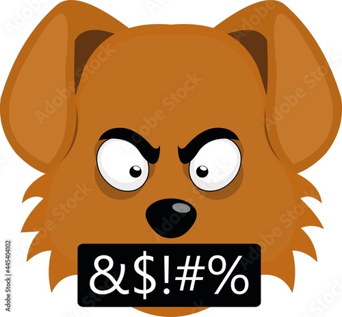 Vector illustration of an emoticon of a cartoon dog's face with an angry expression and a text in its mouth in the concept of insults