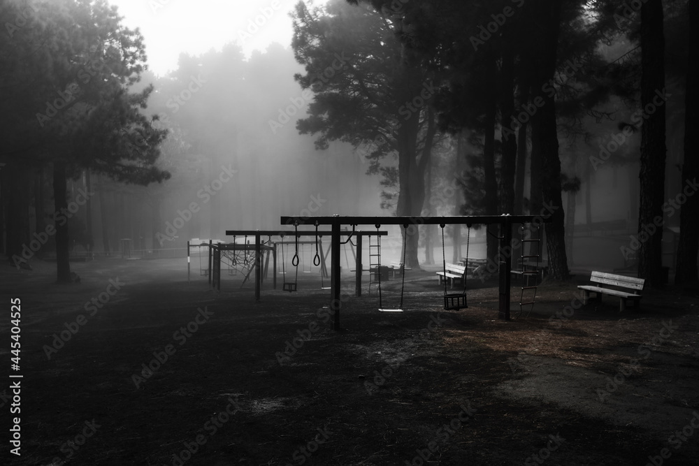 Empty swing on a playground in a foggy forest