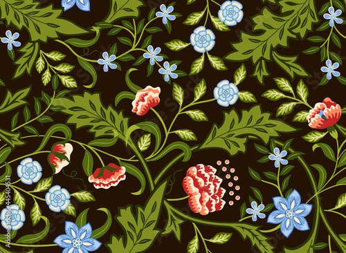 Floral seamless pattern with flowers and foliage on dark background. Vector i...